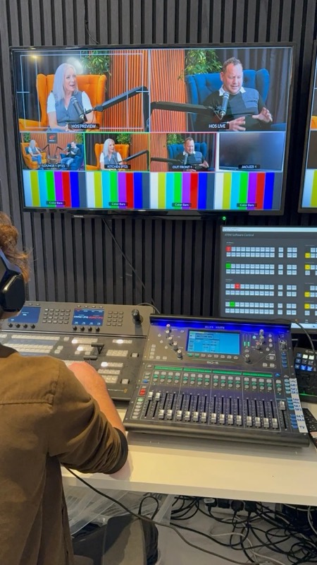 Colour bars on the gallery monitors above the mixing desk