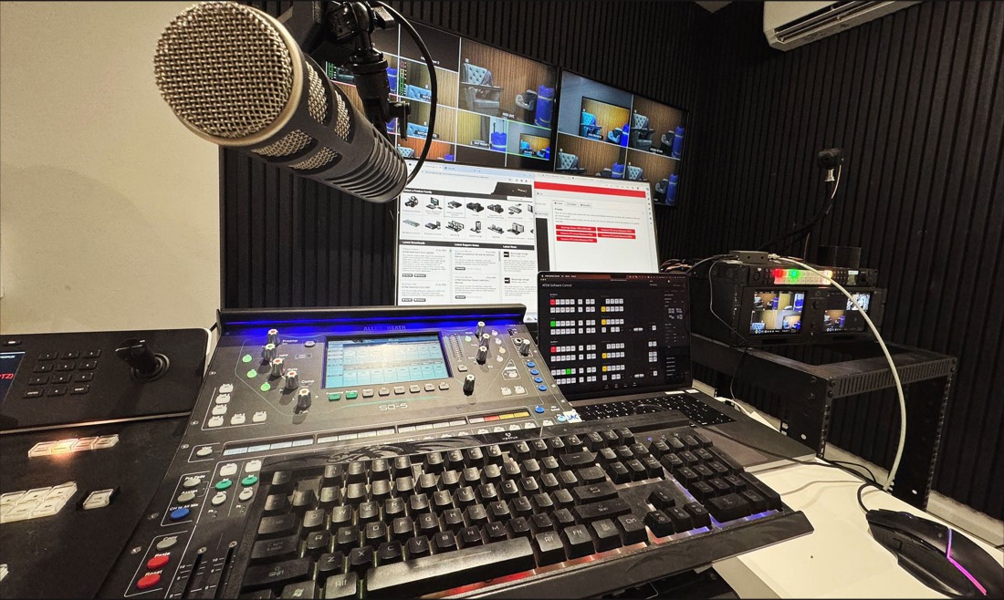 The control-room desk: audio console, vision mixer and multiview monitors