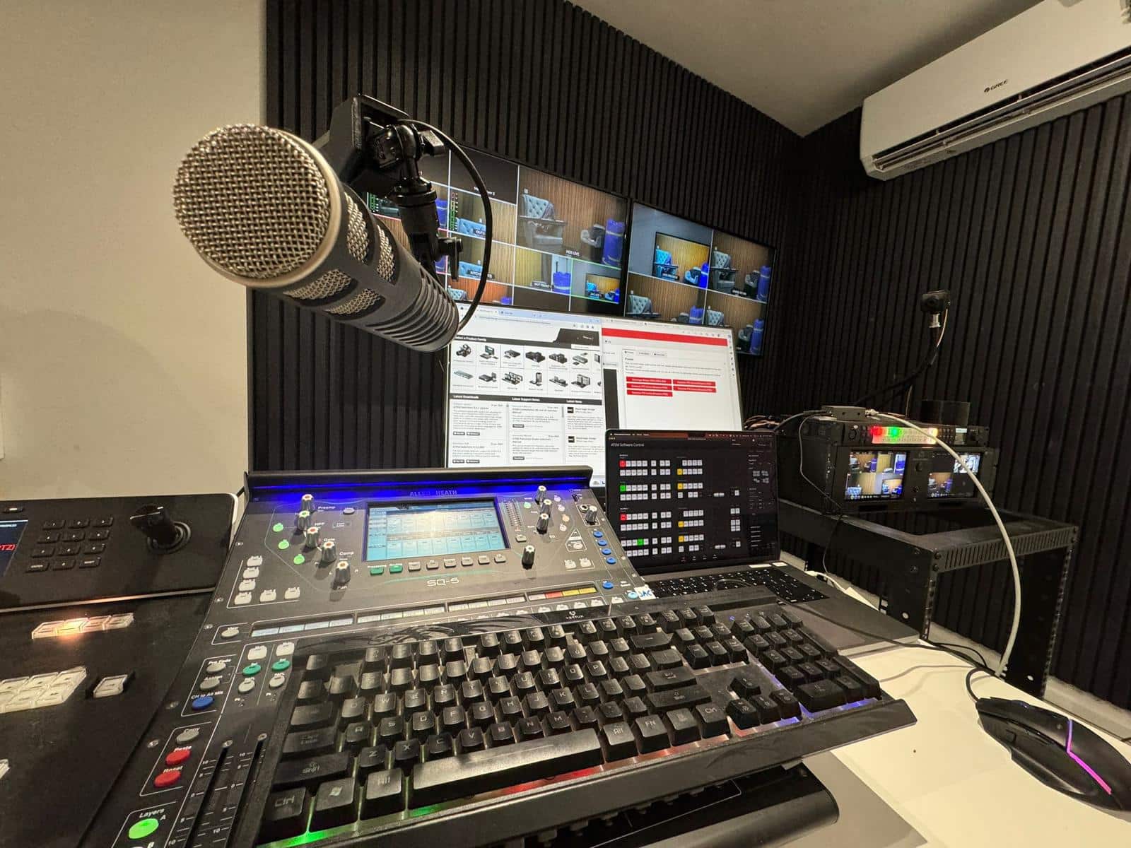 The Stream House control room — Allen & Heath SQ-5 mixer, ATEM switching, multiview monitors