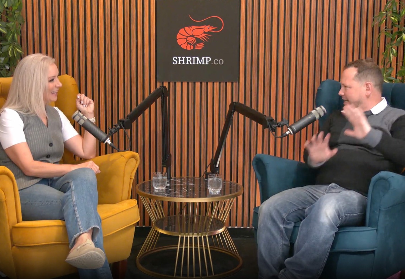 An interview in progress on the Stream House set, boom microphones and acoustic panelling
